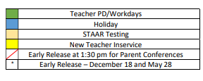 District School Academic Calendar Legend for Irving Elementary