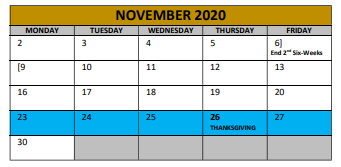 District School Academic Calendar for Irving Elementary for November 2020