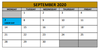 District School Academic Calendar for Adams Elementary for September 2020