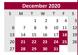 District School Academic Calendar for Columbia H S for December 2020