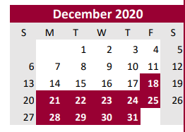 District School Academic Calendar for Brazoria Co J J A E P for December 2020