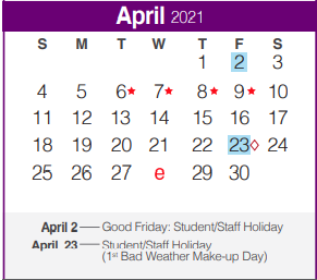 District School Academic Calendar for Rahe Bulverde Elementary School for April 2021
