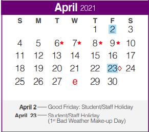 District School Academic Calendar for Mountain Valley Middle School for April 2021