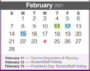 District School Academic Calendar for Comal Elementary School for February 2021
