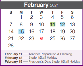 District School Academic Calendar for Rahe Bulverde Elementary School for February 2021