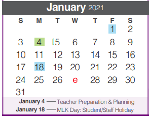 District School Academic Calendar for Mountain Valley Middle School for January 2021
