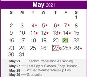District School Academic Calendar for Smithson Valley Middle for May 2021