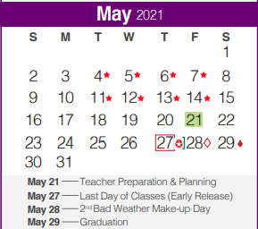 District School Academic Calendar for Spring Branch Middle for May 2021