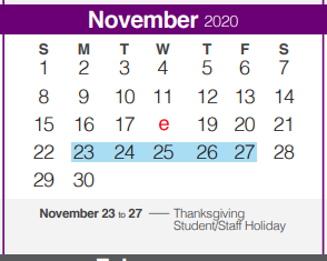 District School Academic Calendar for Arlon R Seay Intermediate for November 2020