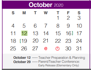 District School Academic Calendar for Bill Brown Elementary School for October 2020