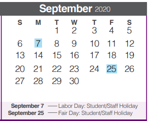 District School Academic Calendar for Spring Branch Middle for September 2020