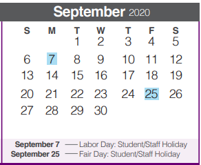 District School Academic Calendar for Mountain Valley Middle School for September 2020