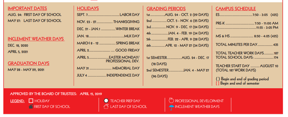 District School Academic Calendar Key for Fannin Elementary School