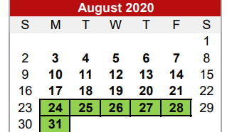 District School Academic Calendar for Central Elementary School for August 2020