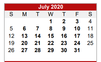 District School Academic Calendar for Central Elementary School for July 2020