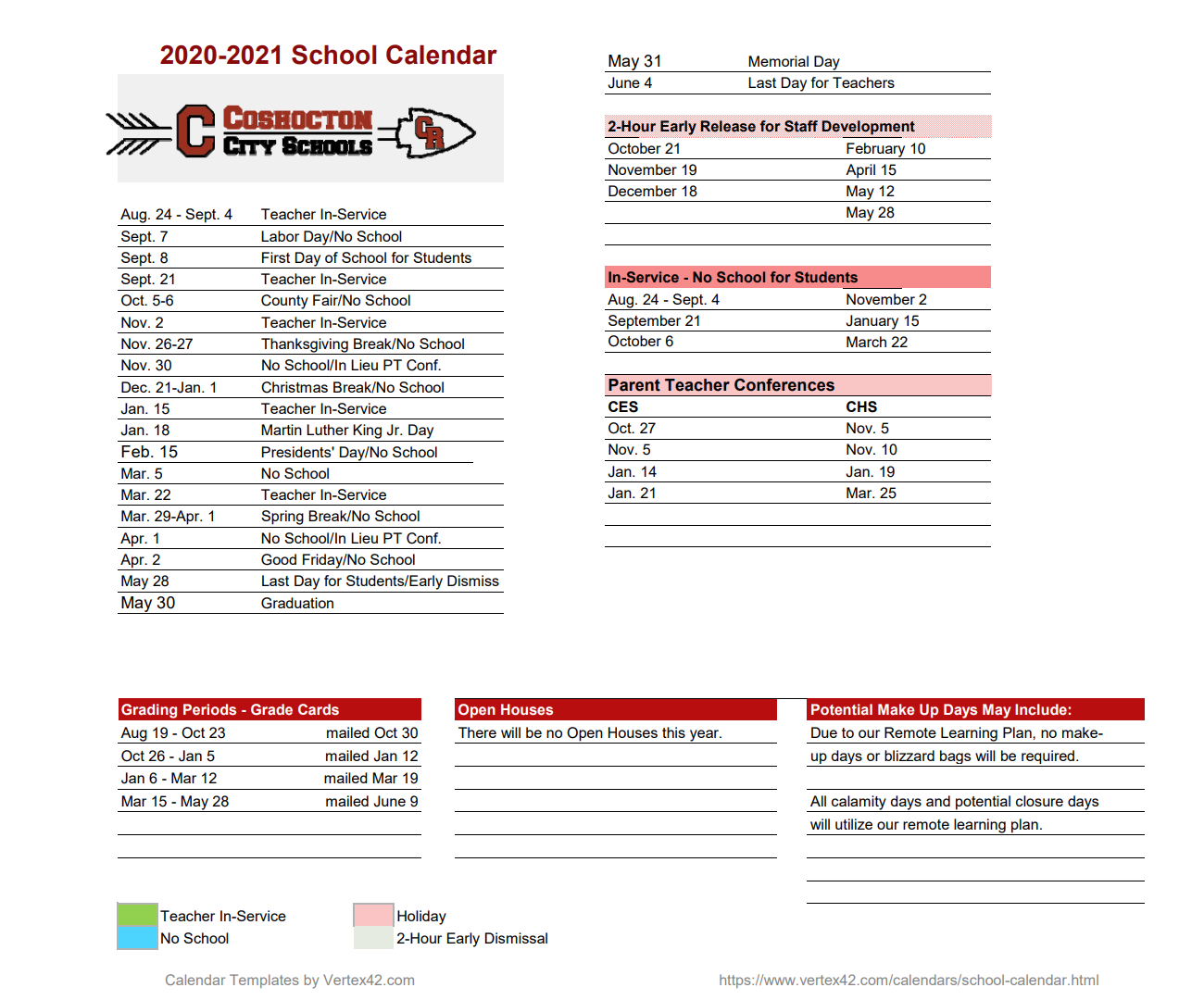 District School Academic Calendar Key for Coshocton High School