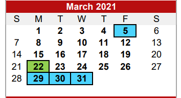District School Academic Calendar for Central Elementary School for March 2021