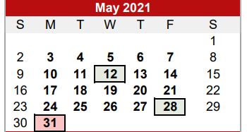 District School Academic Calendar for Coshocton High School for May 2021