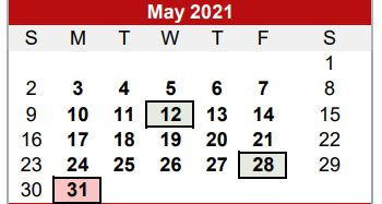 District School Academic Calendar for Central Elementary School for May 2021