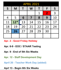 District School Academic Calendar for Crandall Int for April 2021