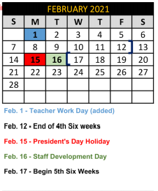 District School Academic Calendar for Crandall Alter Ctr for February 2021