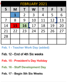 District School Academic Calendar for Crandall Middle School for February 2021