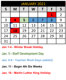 District School Academic Calendar for Crandall H S for January 2021