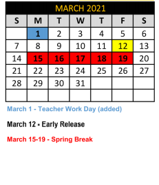 District School Academic Calendar for Crandall Middle School for March 2021