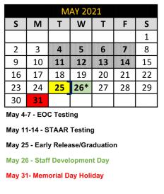 District School Academic Calendar for Crandall Alter Ctr for May 2021