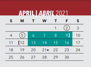 District School Academic Calendar for Irma Rangel Ywl School for April 2021