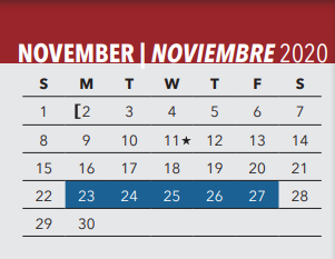 District School Academic Calendar for Kleberg Elementary School for November 2020