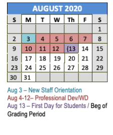 District School Academic Calendar for Carson Elementary for August 2020