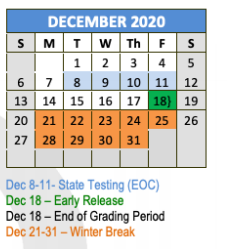 District School Academic Calendar for Decatur Middle for December 2020