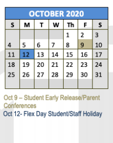 District School Academic Calendar for Rann Elementary for October 2020
