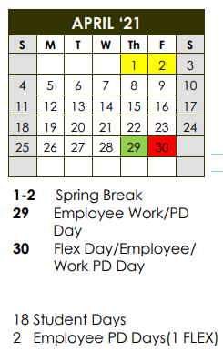 District School Academic Calendar for Coralwood Education Center for April 2021