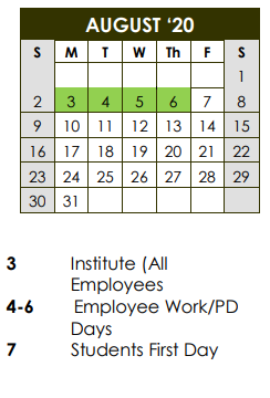 District School Academic Calendar for Idlewood Elementary School for August 2020