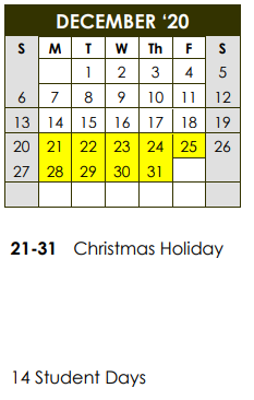 District School Academic Calendar for Miller Grove Middle School for December 2020