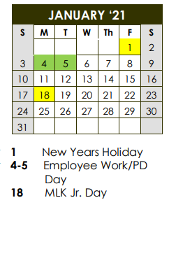 District School Academic Calendar for Ider School for January 2021