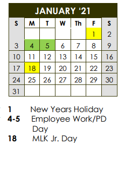 District School Academic Calendar for Dekalb Vocational School for January 2021