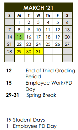 District School Academic Calendar for Alternative School for March 2021