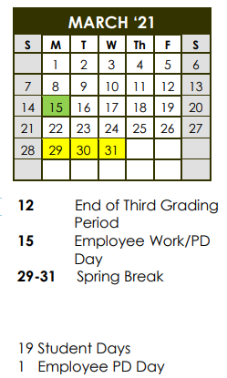 District School Academic Calendar for Ider School for March 2021