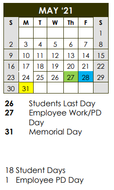 District School Academic Calendar for Shamrock Middle School for May 2021