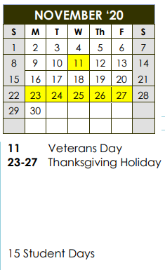 District School Academic Calendar for Hooper Alexander Elementary School for November 2020