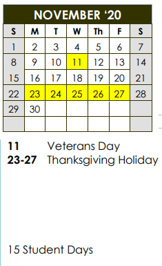 District School Academic Calendar for Cary Reynolds Elementary School for November 2020