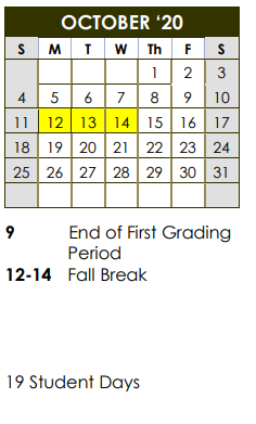 District School Academic Calendar for Allgood Elementary School for October 2020