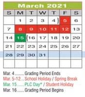 District School Academic Calendar for Denton Co J J A E P for March 2021
