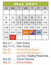 District School Academic Calendar for Regional Day Sch Deaf for May 2021