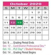 District School Academic Calendar for Denton Co J J A E P for October 2020
