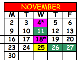 District School Academic Calendar for Bank Of America Learning Academy for November 2020