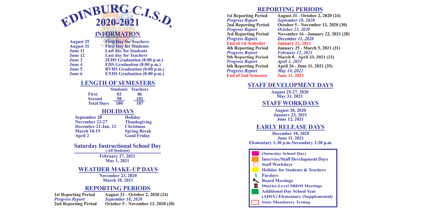 District School Academic Calendar Key for J J A E P